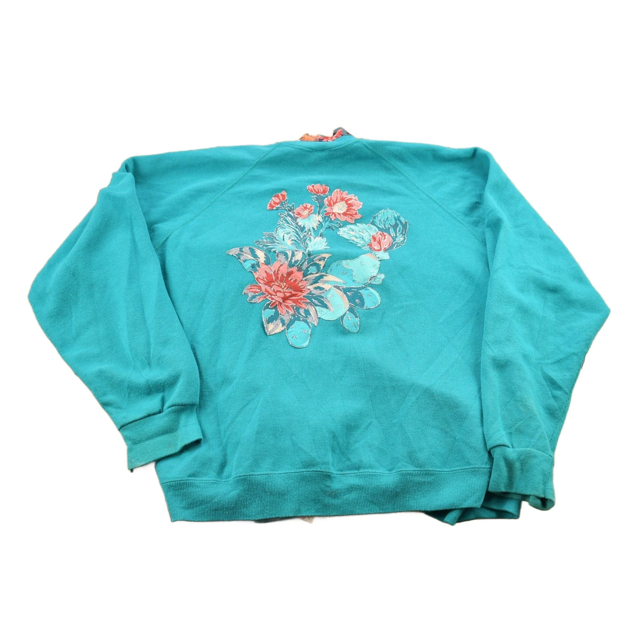 Vintage 1990s Sweats Appeal Turquoise Floral Cardigan Sweater Women's M - Image 2