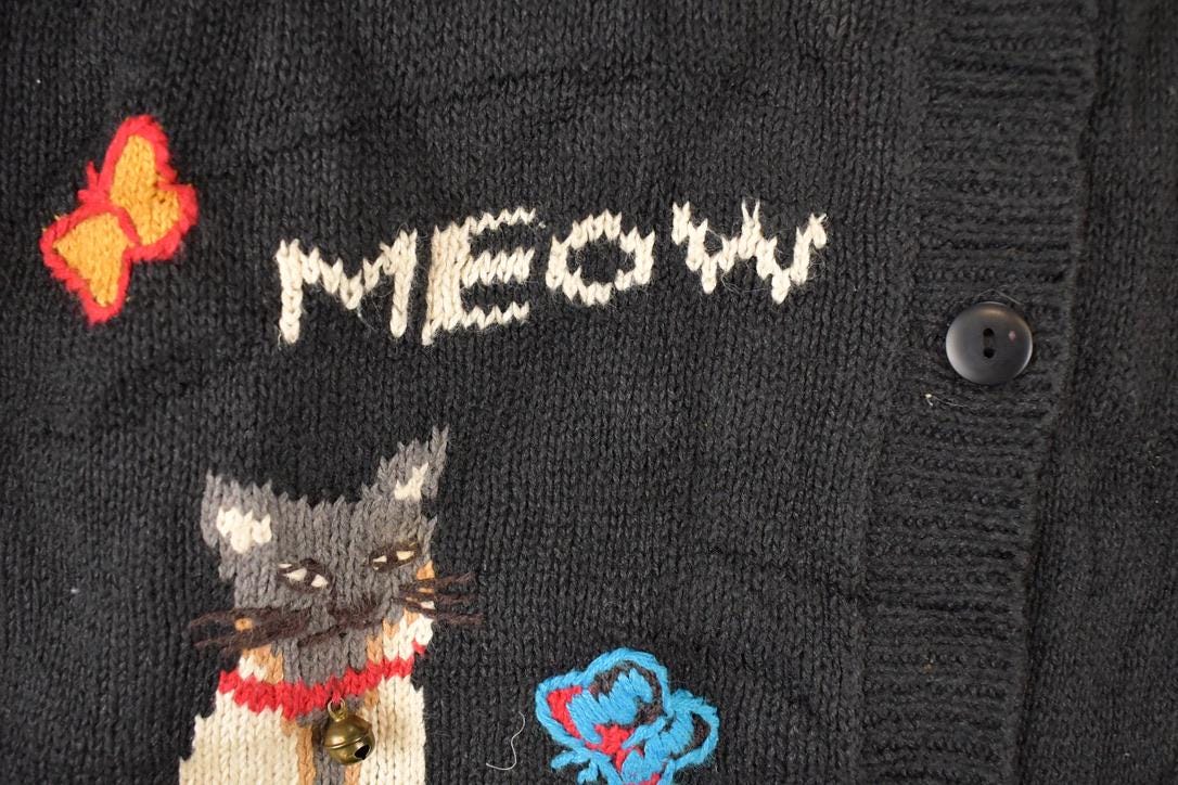 Vintage 1990s The Quacker Factory AOP Embroidered Cat Knit Cardigan Sweater Women's XL - Image 5