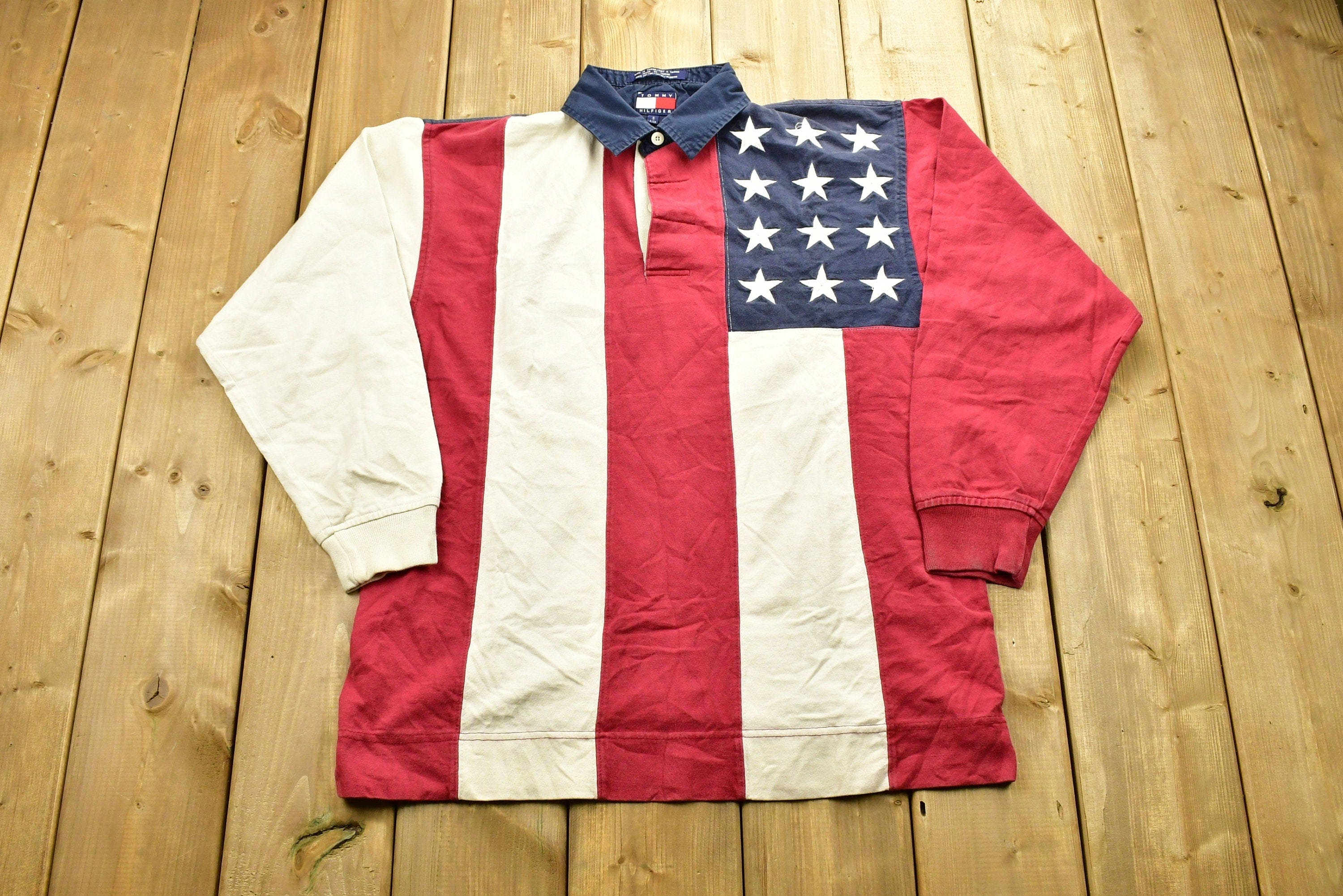 Vintage 1990s Tommy Hilfiger American Flag Rugby Shirt Classic - Image 3