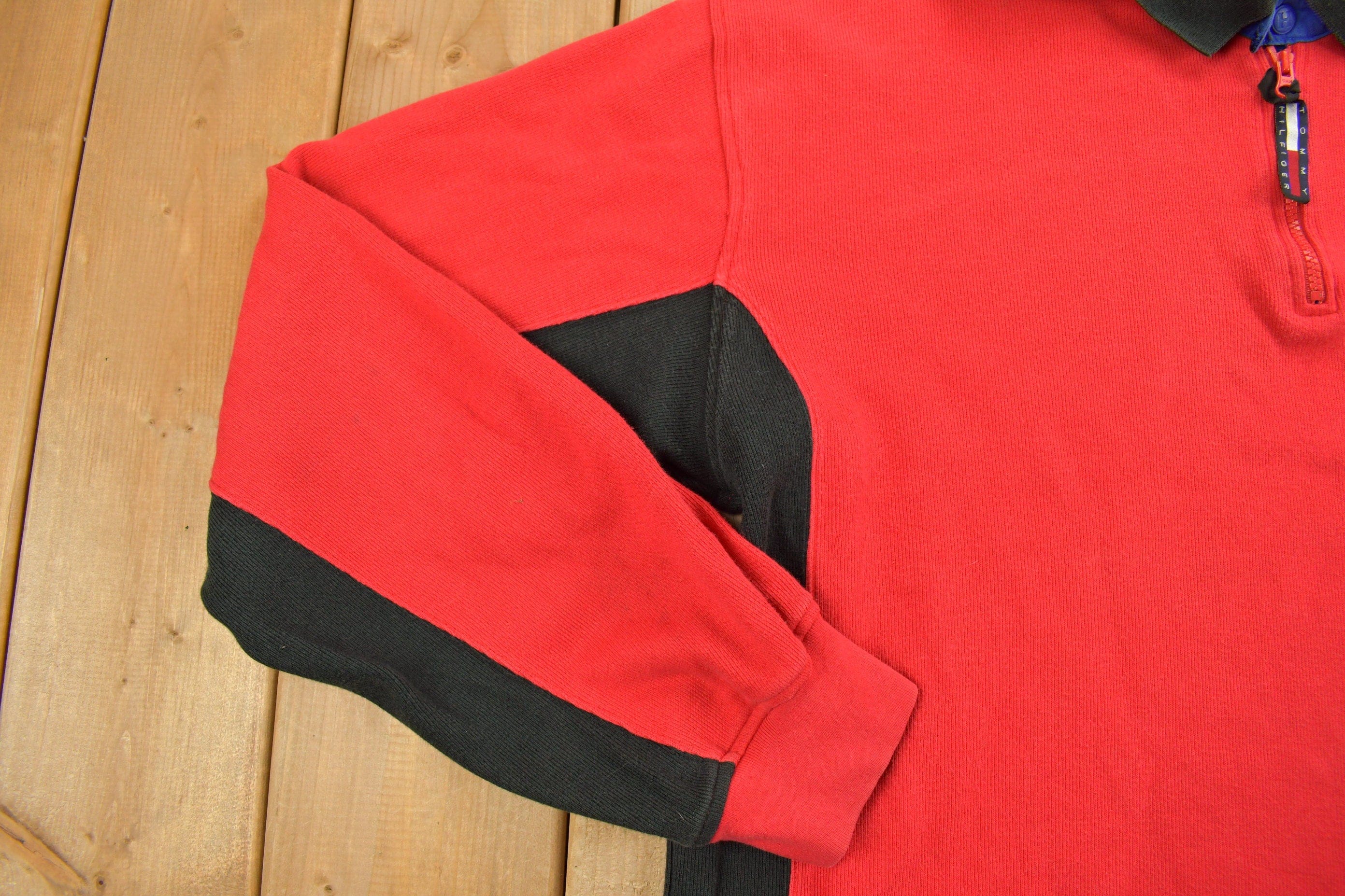 Vintage 1990s Tommy Hilfiger Collared Embroidered Quarter Zip Fleece Sweater Men's 2XL - Image 3