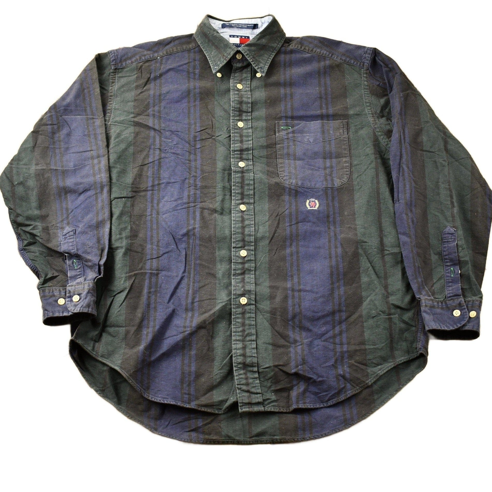 Vintage 1990s Tommy Hilfiger Crest Logo Striped Button Up Shirt Men's Large