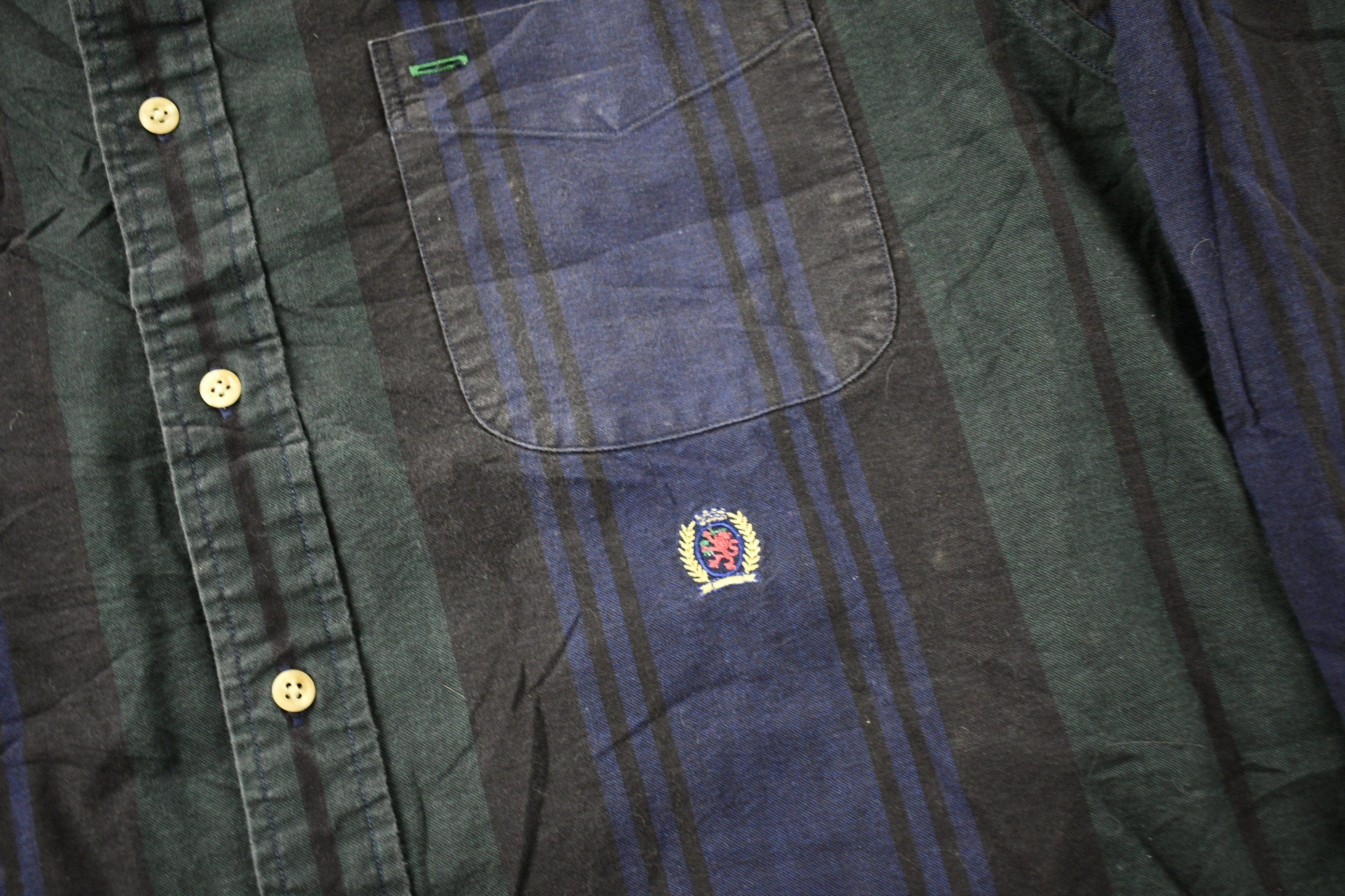 Vintage 1990s Tommy Hilfiger Crest Logo Striped Button Up Shirt Men's Large - Image 3