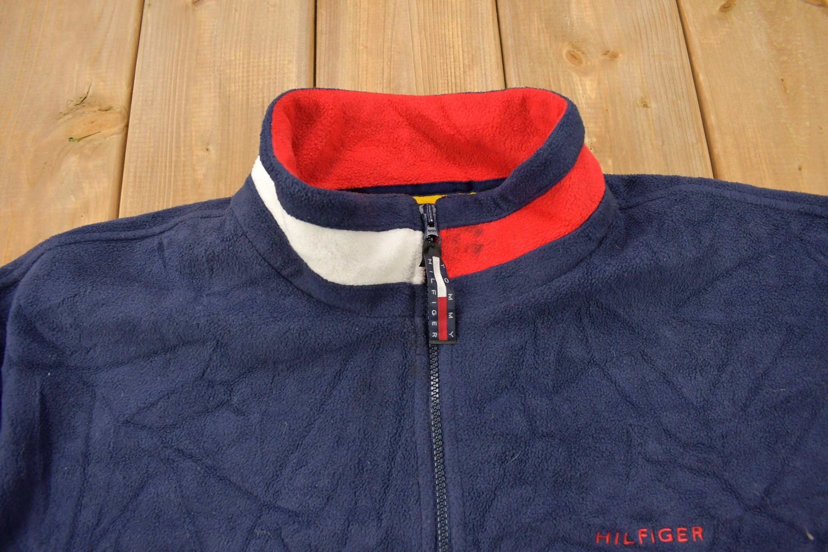 Vintage 1990s Tommy Hilfiger Flag Collar Quarter Zip Fleece Sweater Men's 2XL - Image 4