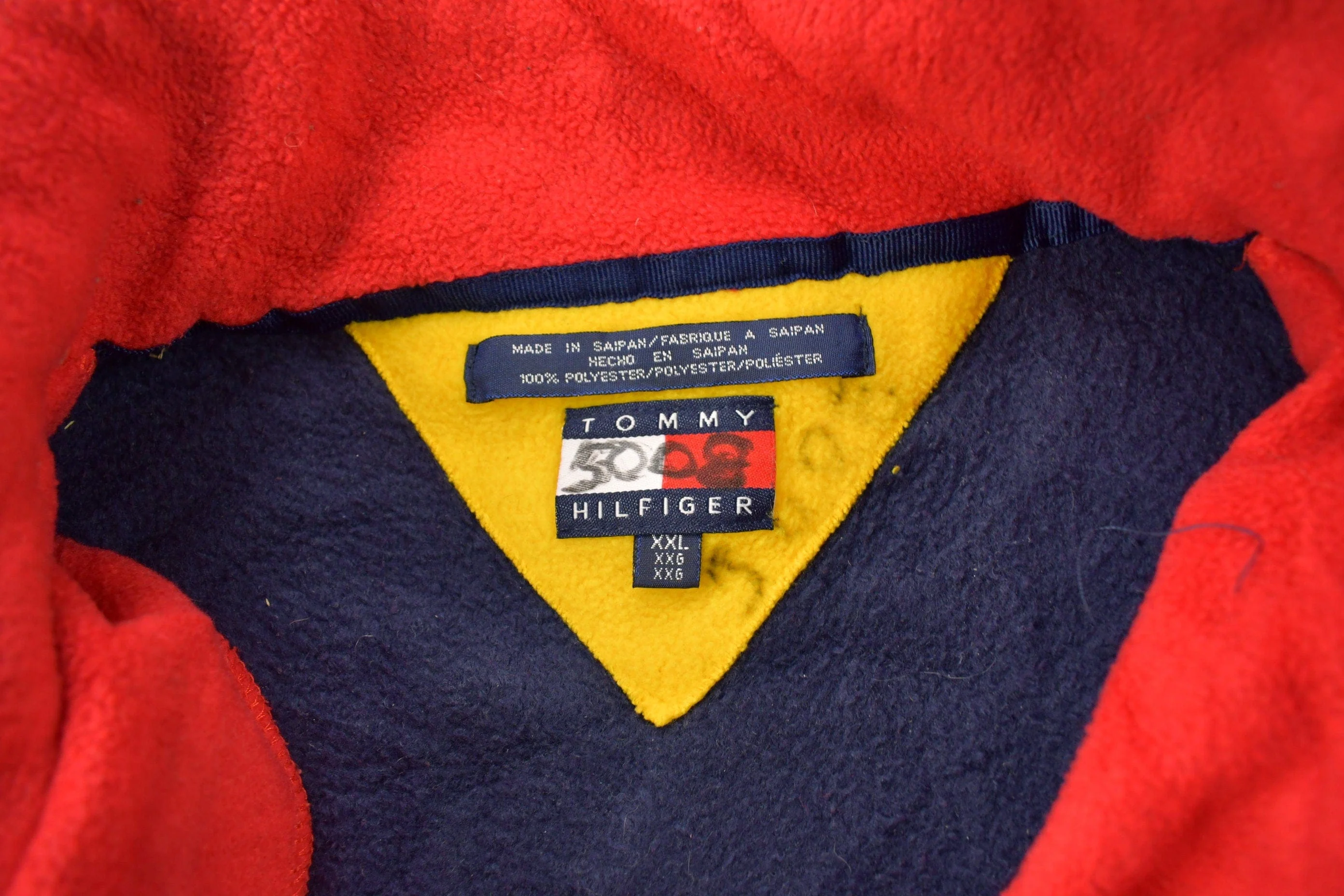 Vintage 1990s Tommy Hilfiger Flag Collar Quarter Zip Fleece Sweater Men's 2XL - Image 5