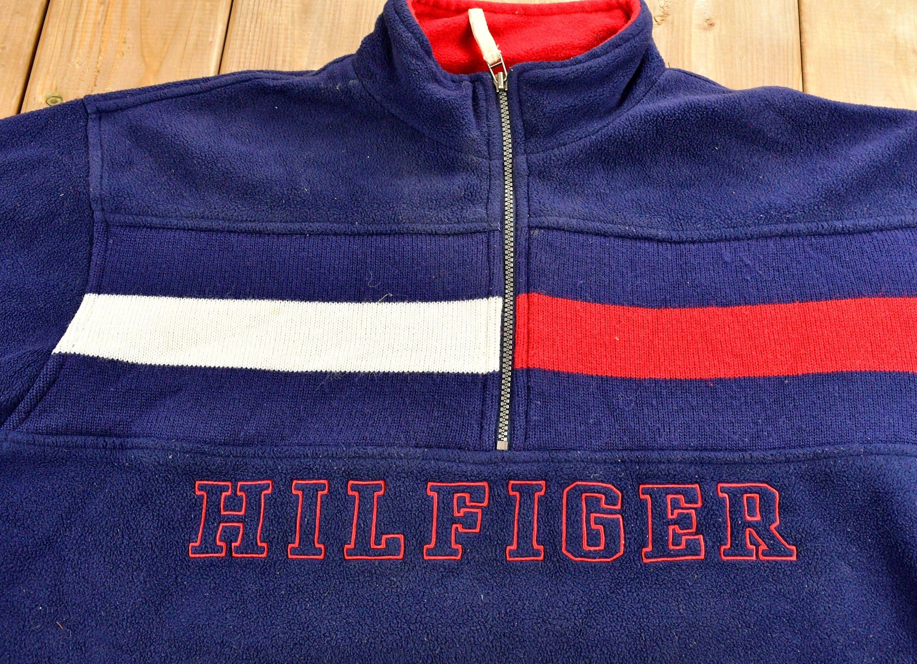 Vintage 1990s Tommy Hilfiger Flag Graphic Quarter Zip Fleece Sweater - Image 3