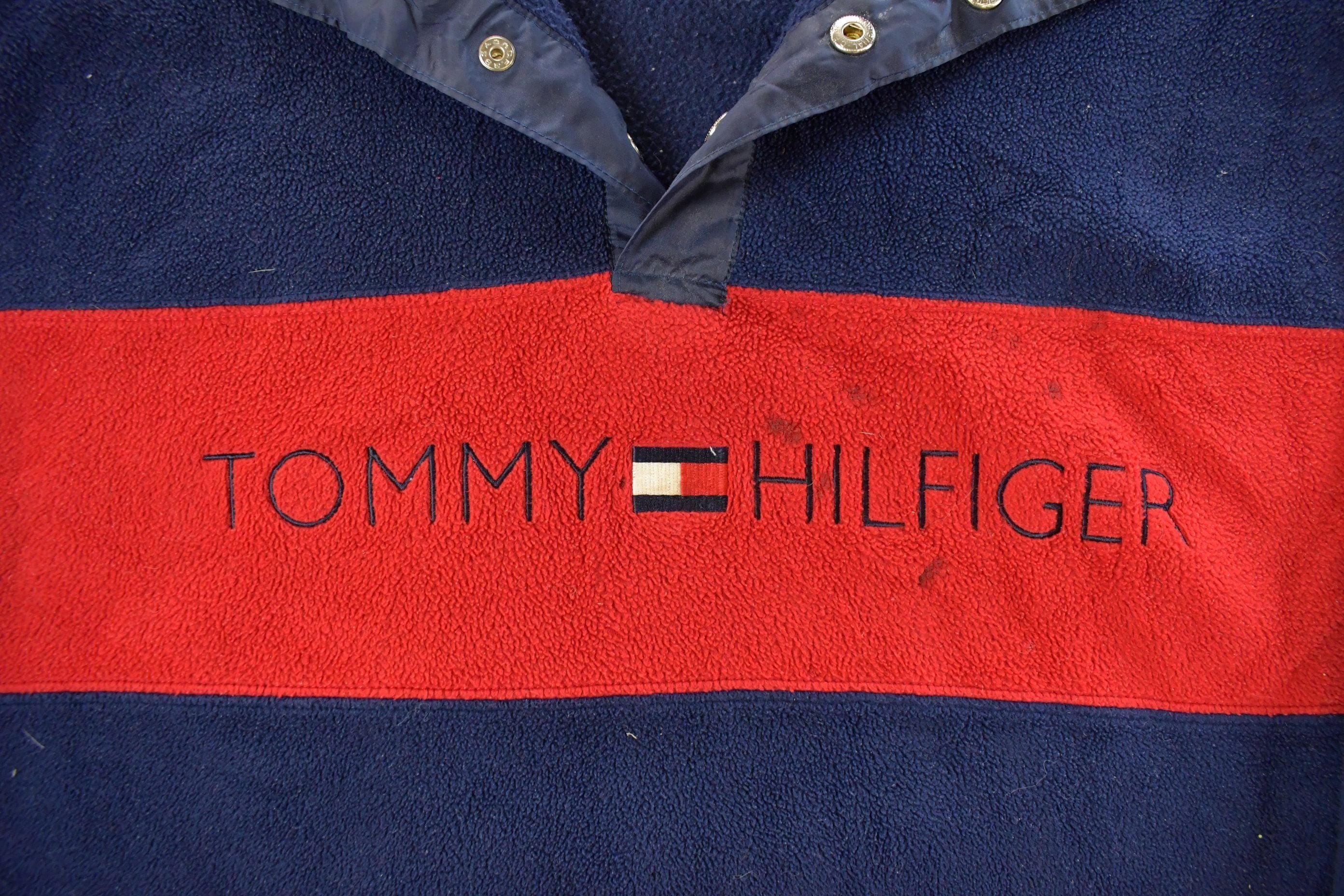Vintage 1990s Tommy Hilfiger Flag Spellout Quarter Snap Fleece Sweater Men's XL - Image 3