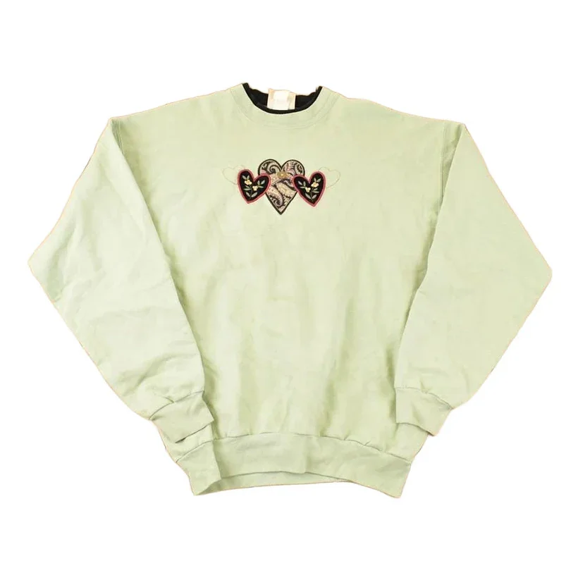 Vintage 1990s Top Stitch Embroidered Hearts Double Collar Sweatshirt Women's L