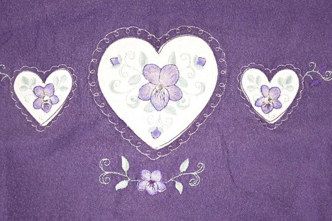 Vintage 1990s Top Stitch Flower Heart Double Collar Crewneck Sweatshirt Women's L - Image 3