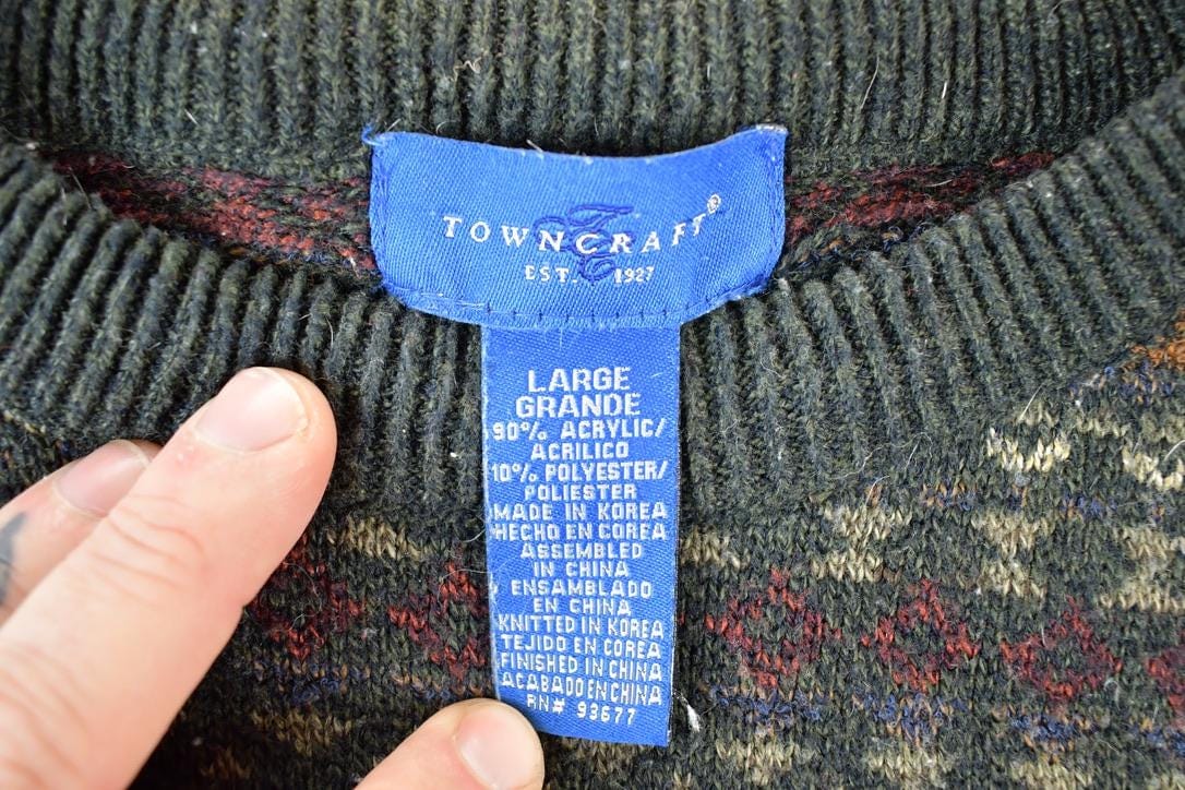 Vintage 1990s Towncraft Knit Abstract Pattern Crewneck Sweater Mens L - Image 4