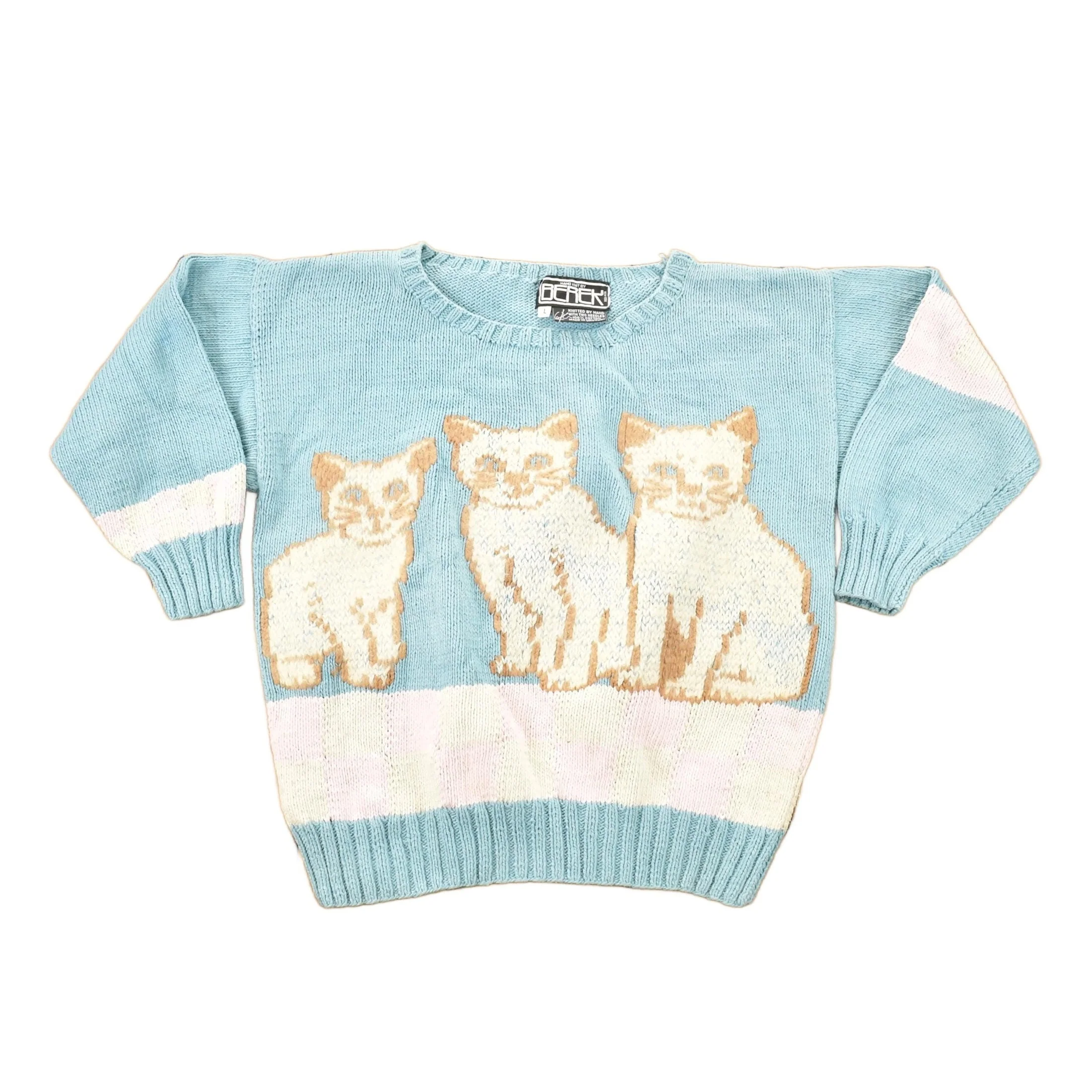 Vintage 1990s Triple Kitty Berek Hand Knit Crewneck Sweater Women's L