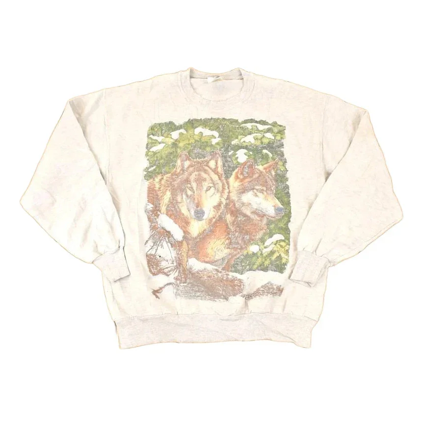 Vintage 1990s Two Wolves Cartoon Graphic Print Crewneck Sweatshirt Men's L