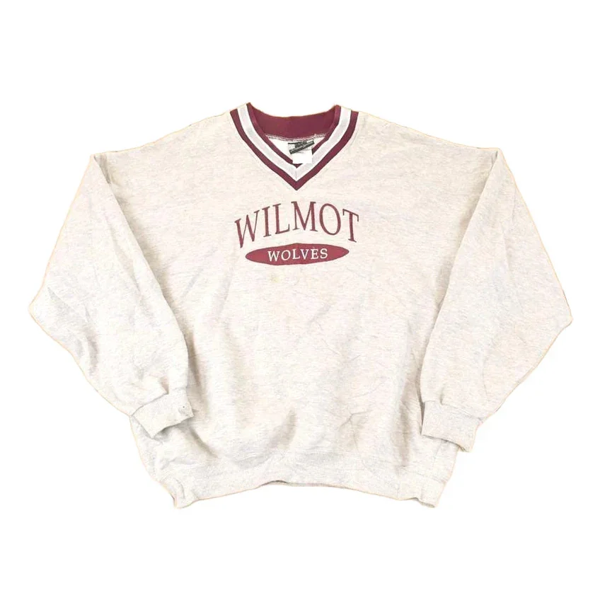 Vintage 1990s Wilmot Wolves Embroidered Collegiate V Neck Sweatshirt Men's XL