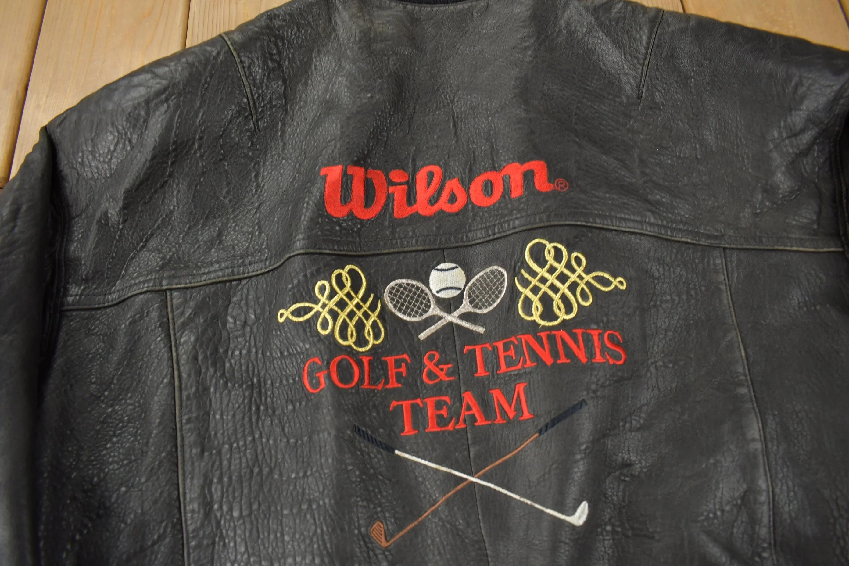 Vintage 1990s Wilson Golf & Tennis Team Embroidered Leather Bomber Jacket Men's Large - Image 3