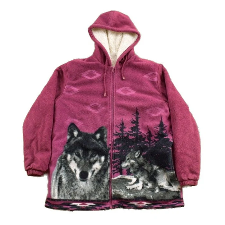Vintage 1990s Winter Wolf Theme Fleece Sweater Men's Large