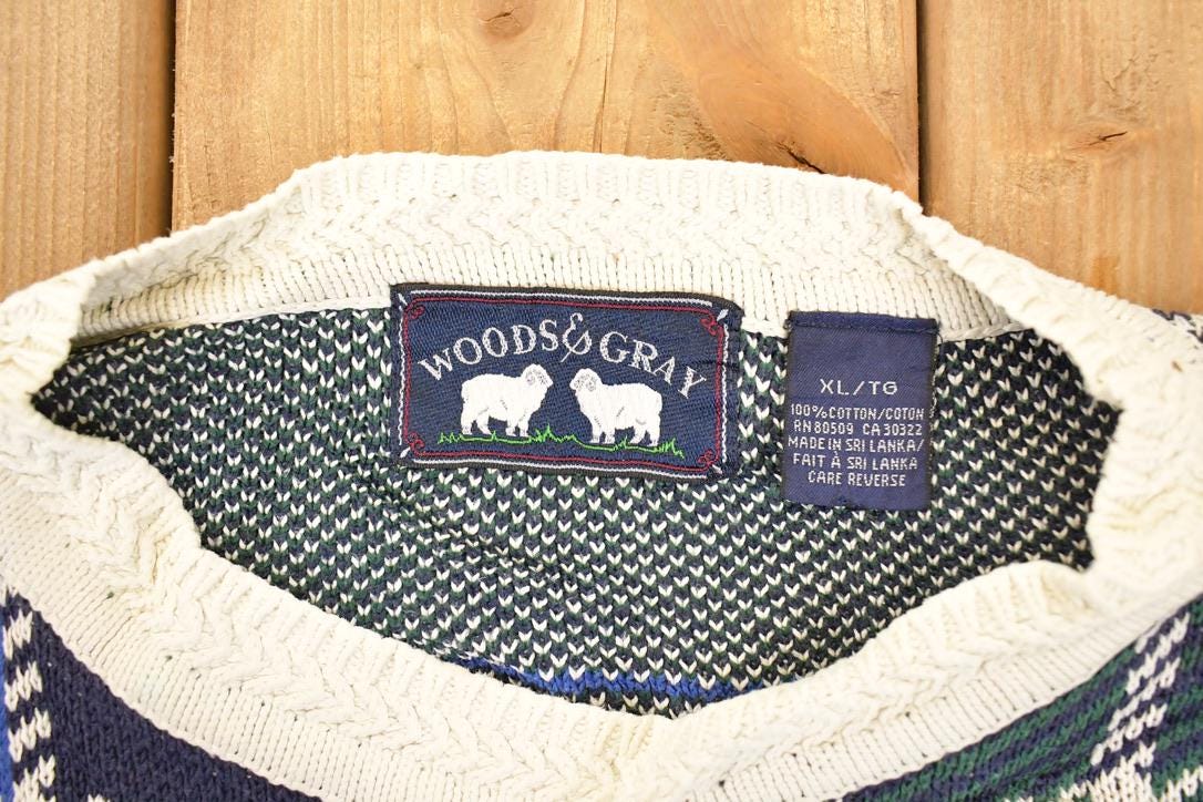 Vintage 1990s Woods And Gray Plaid Knit Crewneck Sweater Men's XL - Image 3