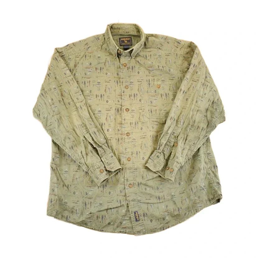 Vintage 1990s Woolrich Fishing AOP Outdoorsman Button Up Shirt Men's L
