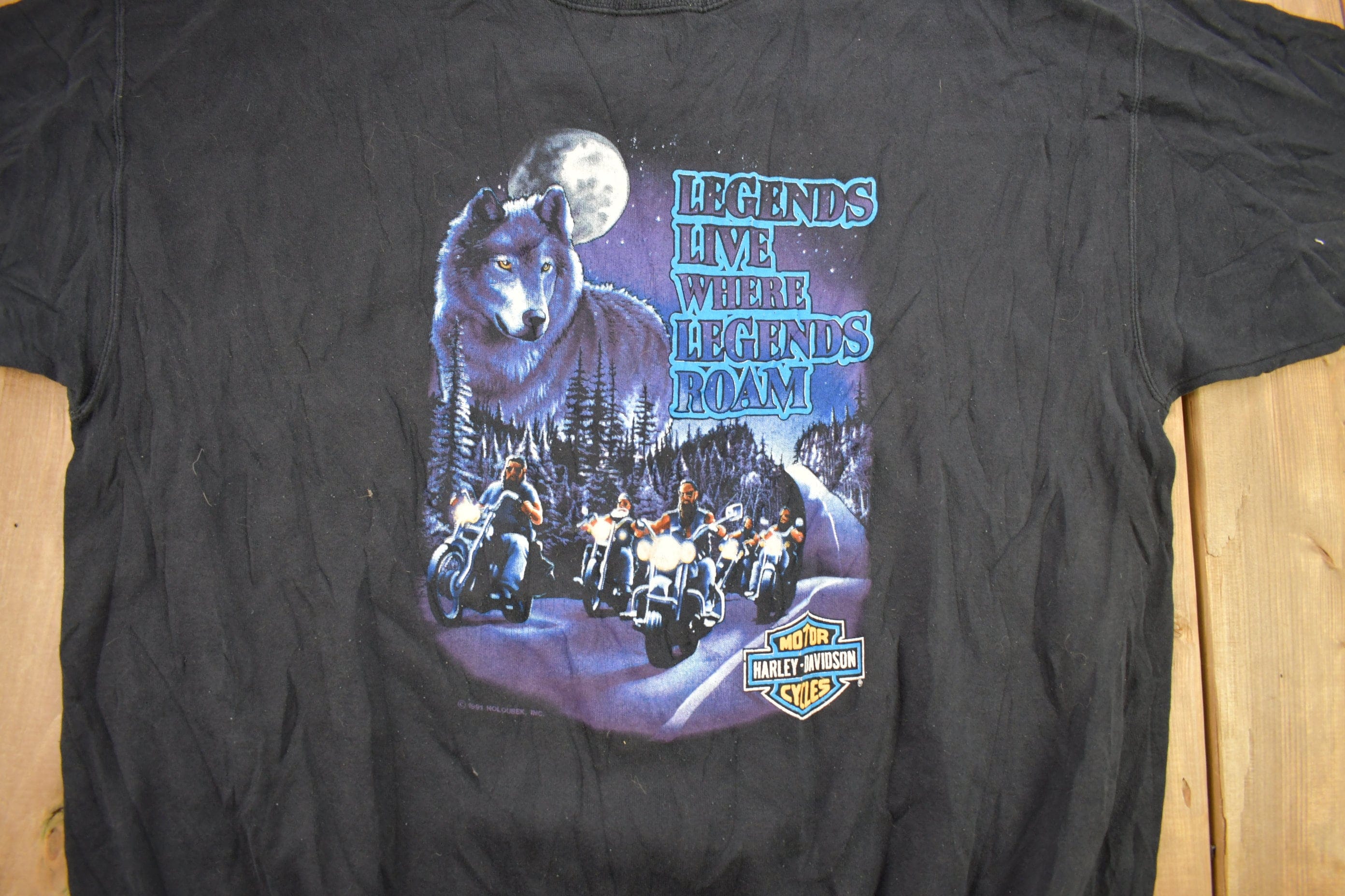 Vintage 1991 Fargo Harley Davidson North Dakota Wolf Theme Crewneck Sweater Men's 2XL - Image 3