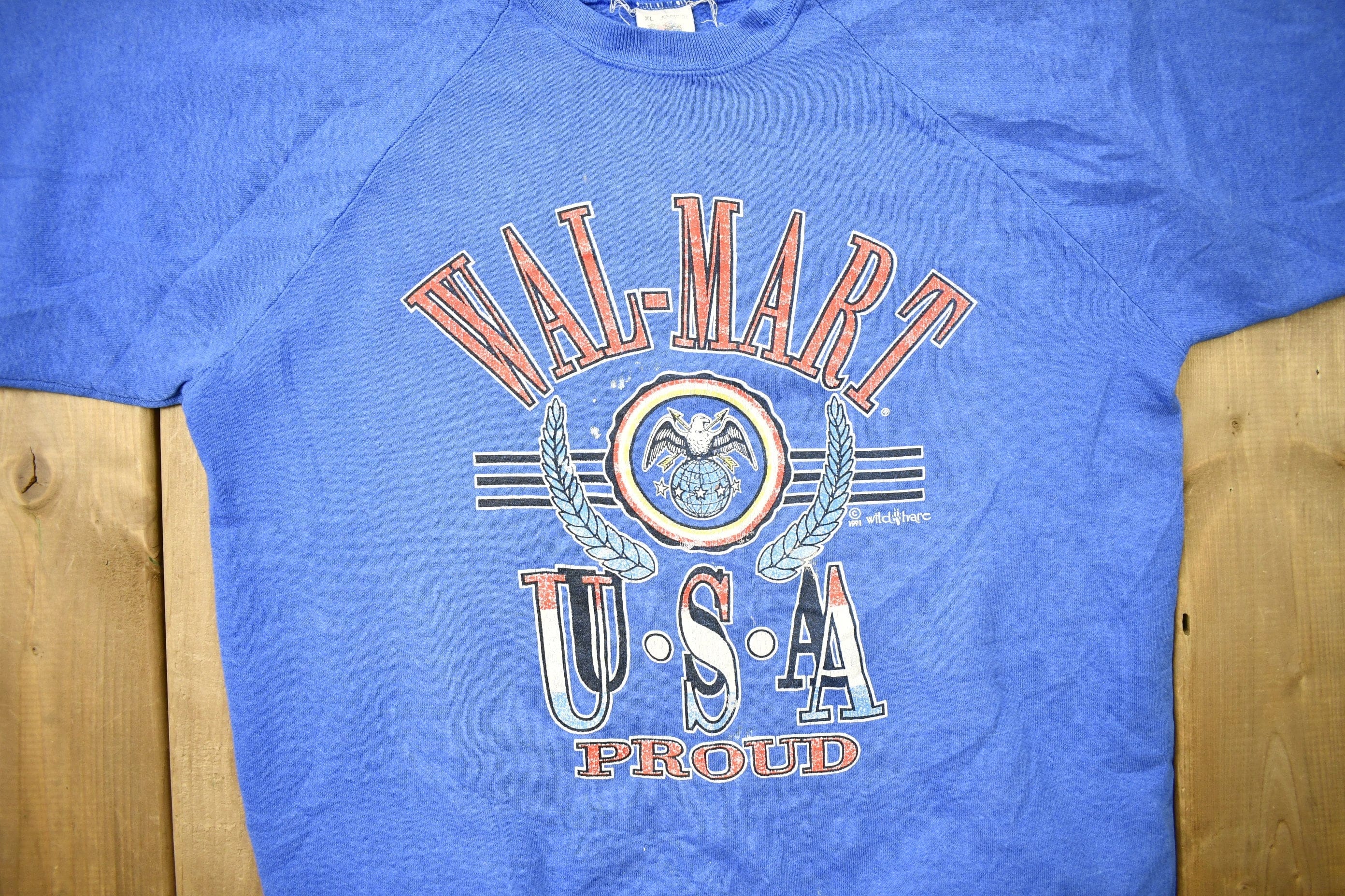 Vintage 1991 Wal-Mart USA Proud Raglan Crewneck Sweatshirt Men's Medium - Image 3