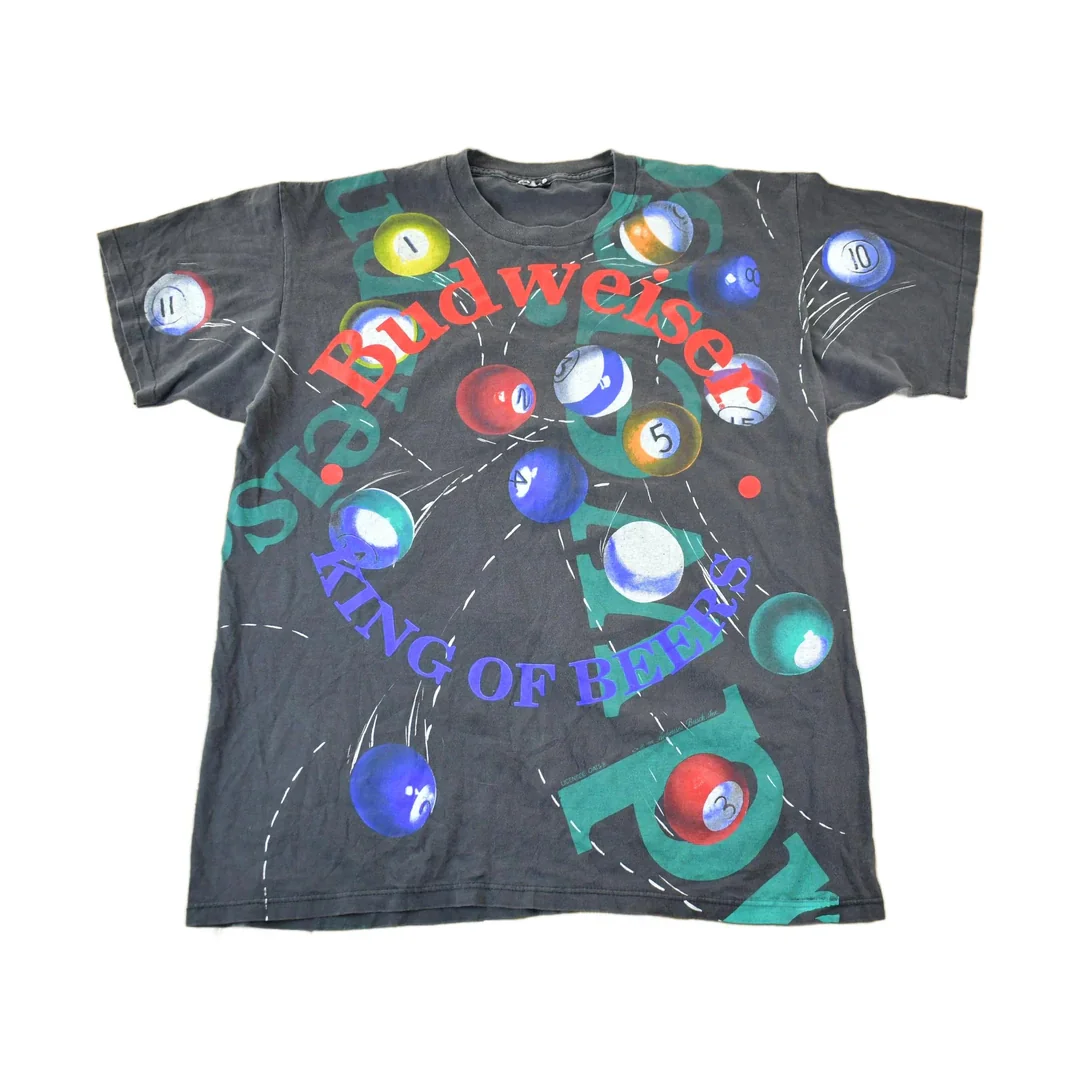 Vintage 1992 Budweiser Billiards Pool All Over Print Graphic T-Shirt Men's Large