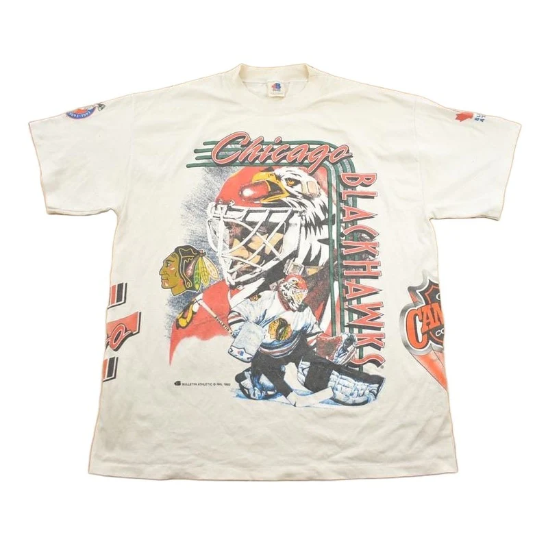 Vintage 1992 Chicago Blackhawks NHL All Over Print Graphic T-Shirt Men's Large