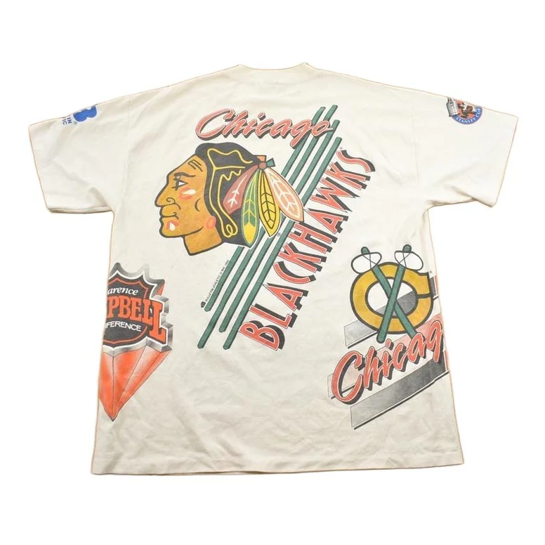 Vintage 1992 Chicago Blackhawks NHL All Over Print Graphic T-Shirt Men's Large - Image 2