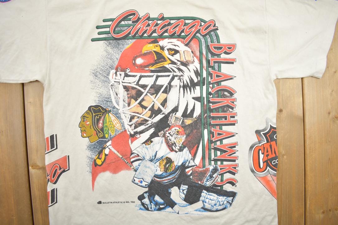 Vintage 1992 Chicago Blackhawks NHL All Over Print Graphic T-Shirt Men's Large - Image 3