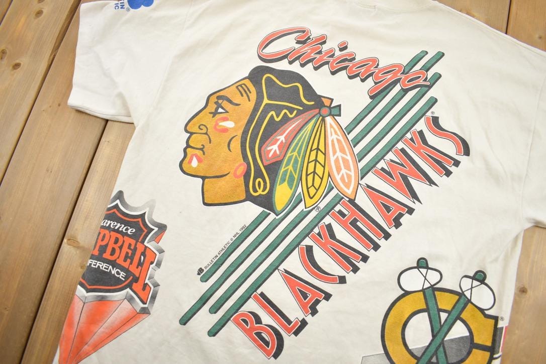 Vintage 1992 Chicago Blackhawks NHL All Over Print Graphic T-Shirt Men's Large - Image 4
