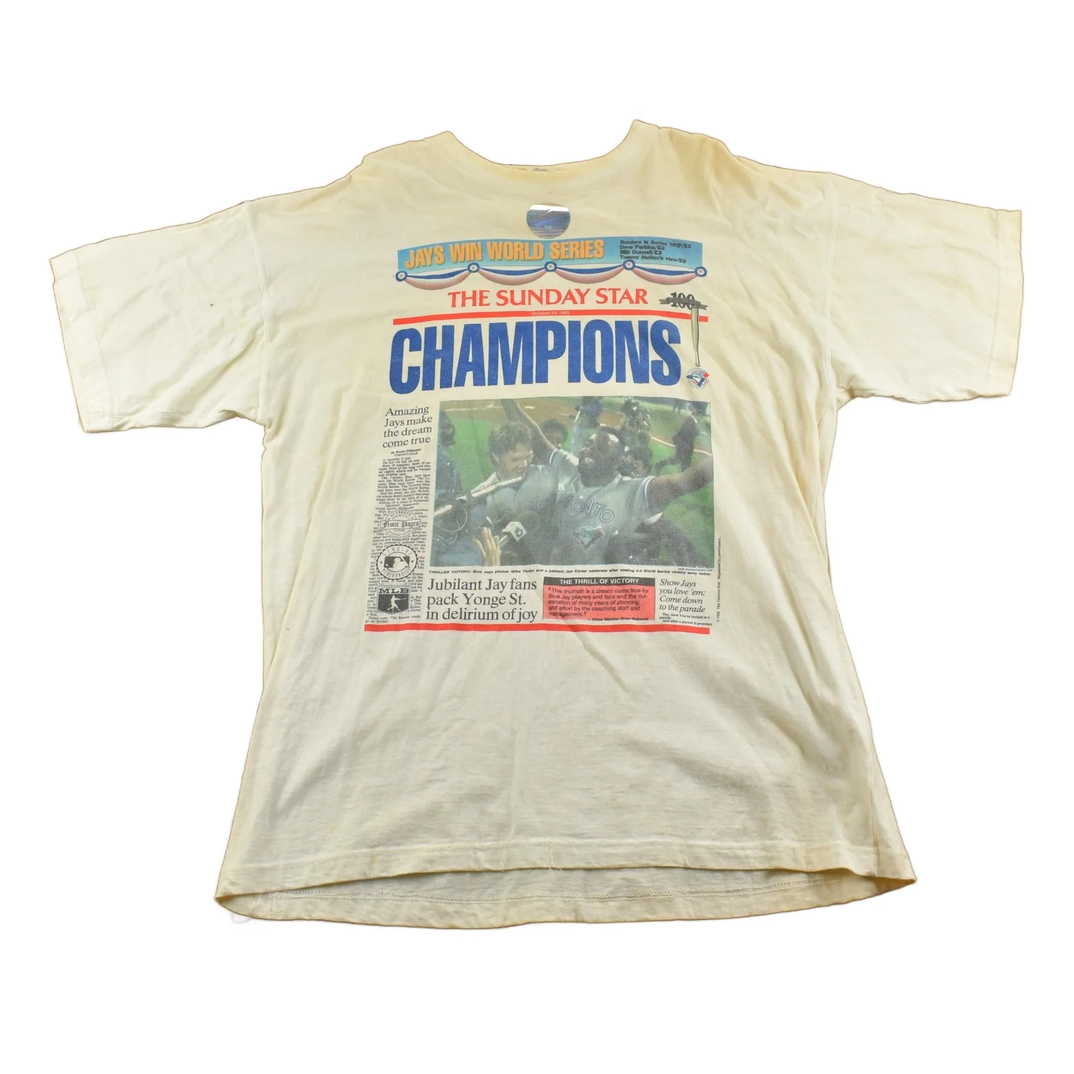 Vintage 1992 Deadstock Toronto Blue Jays World Series Sunday Star MLB Souvenir T-Shirt Men's XL