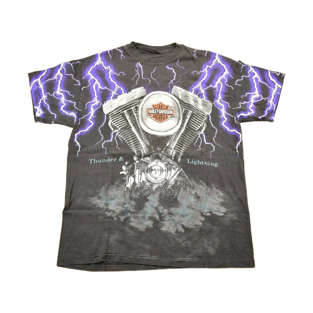 Vintage 1992 Harley Davidson Motorcycles Thunder & Lightning All Over Print T-Shirt Men's Medium