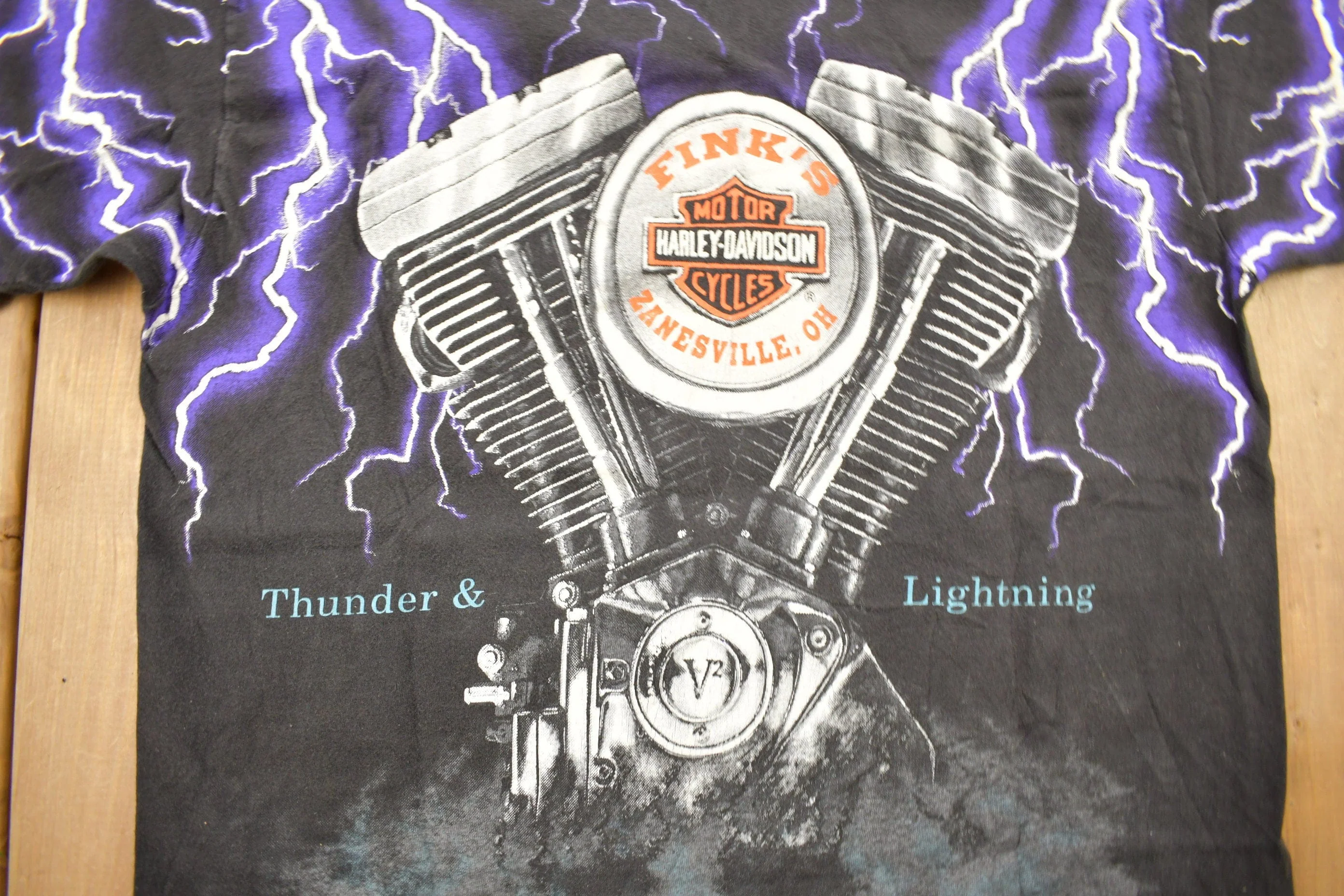 Vintage 1992 Harley Davidson Motorcycles Thunder & Lightning All Over Print T-Shirt Men's Medium - Image 4