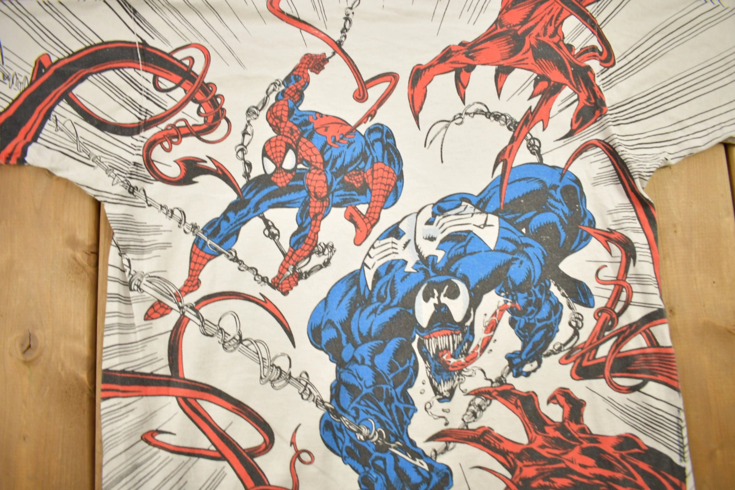 Vintage 1993 Spiderman Vs Venom Vs Carnage MARVEL Comics Mega Print T-Shirt - Image 4