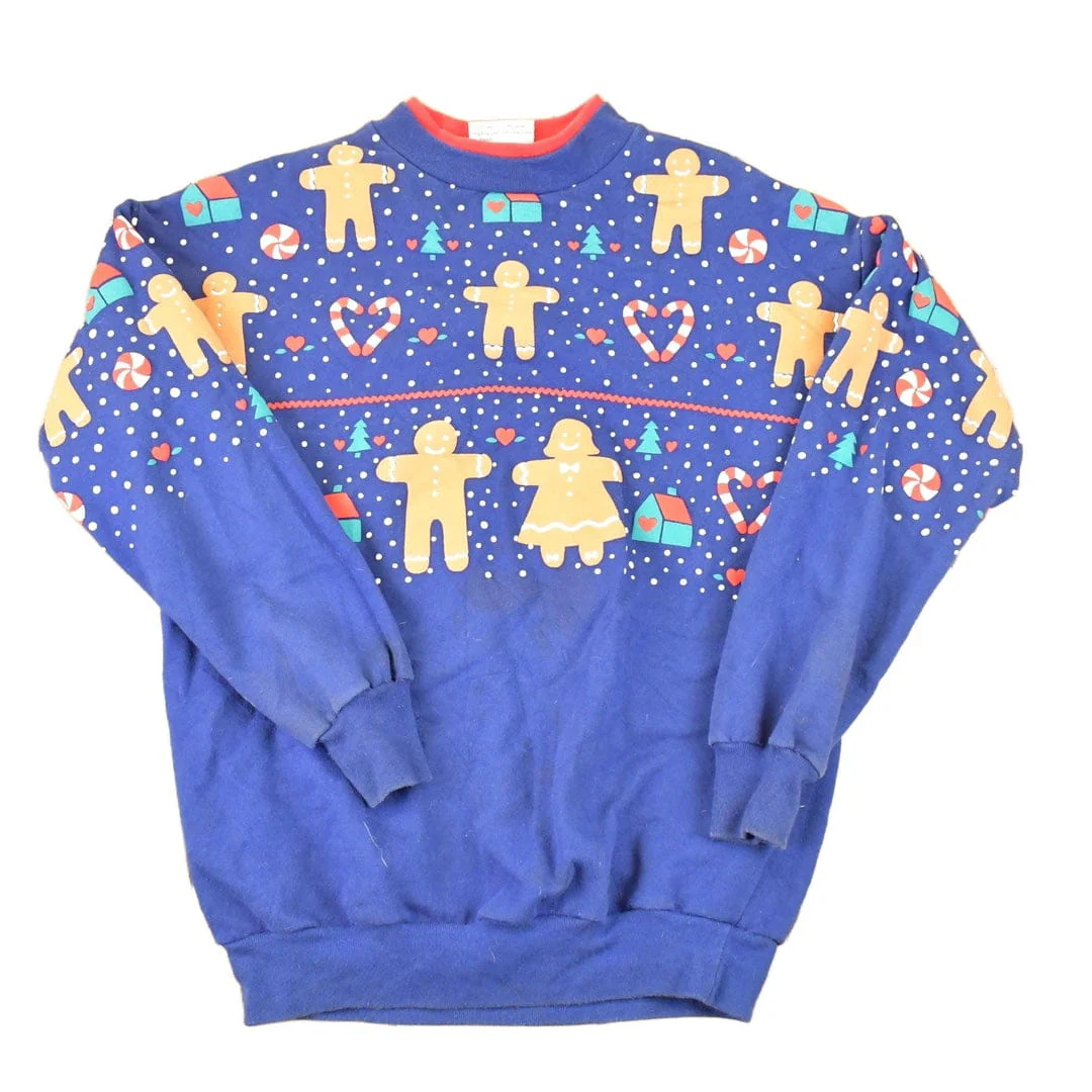 Vintage 1994 Gingerbread Man AOP Double Collar Christmas Graphic Print Crewneck Sweatshirt Women's S