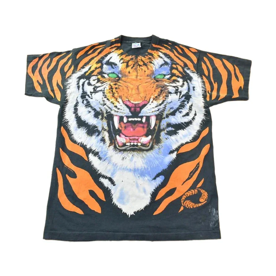 Vintage 1995 Tiger Theme All Over Print Liquid Blue Double Sided Graphic T-Shirt