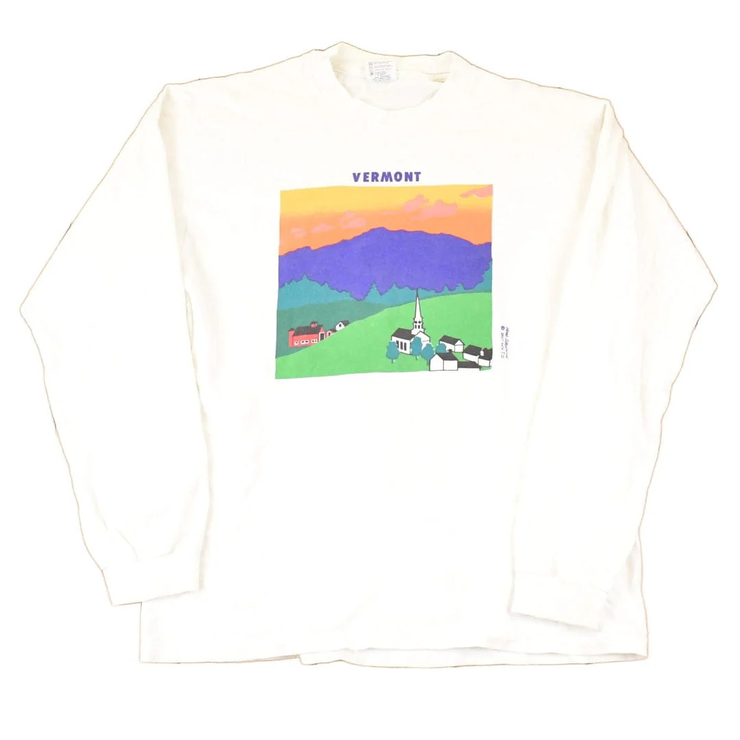 Vintage 1997 Vermont Farm Church Theme Cartoon Graphic Print Crewneck Shirt Men's M
