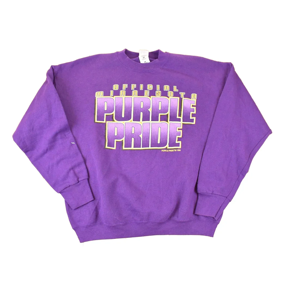 Vintage 1998 Minnesota Purple Pride Graphic Print NFL Crewneck Sweatshirt Men's L