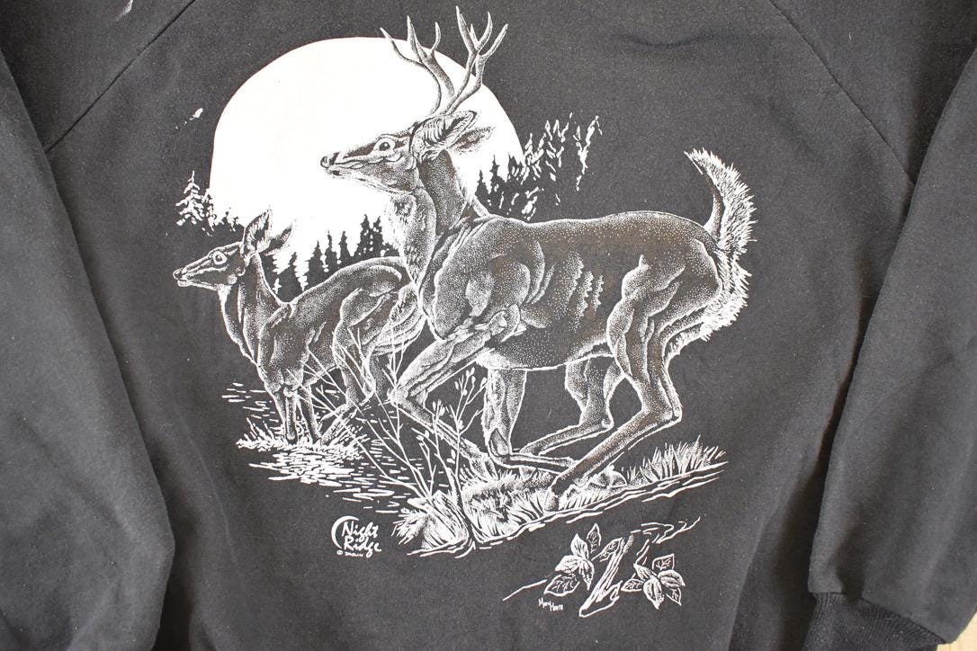 Vintage 80s Running Deer Graphic Sweatshirt, Outdoorsman Souvenir (Men's L) - Image 3