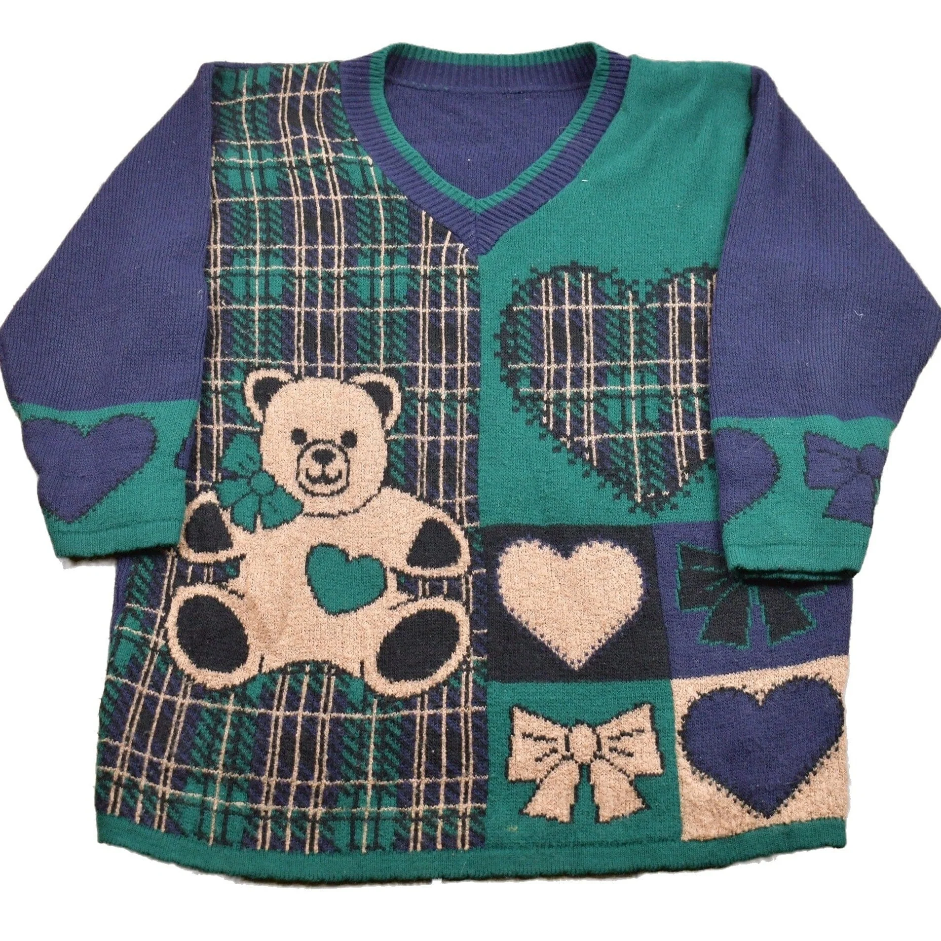 Vintage Cute teddy Bear Plaid V-Neck Knitted Sweater Men's XL