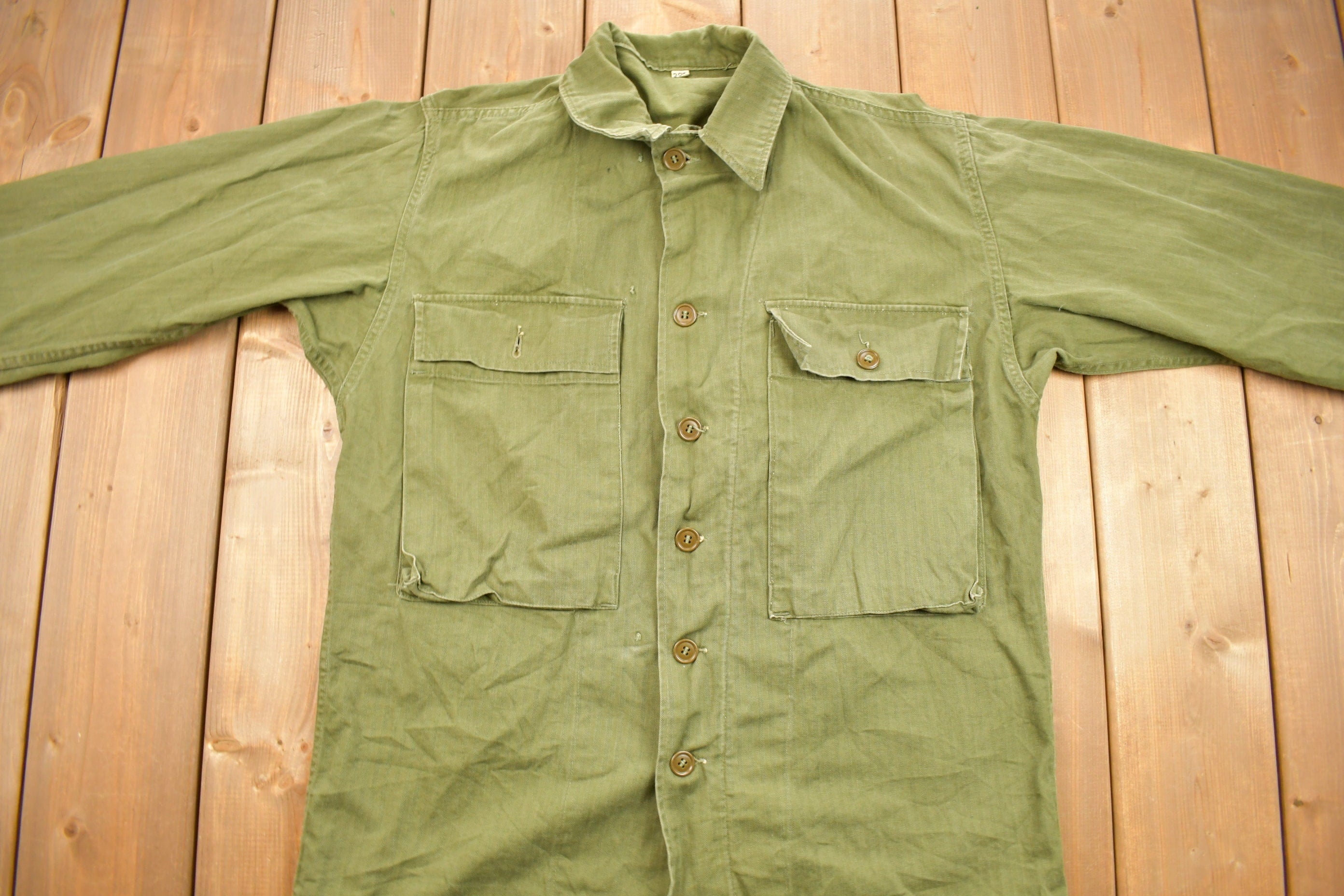 Vintage WW2 1940s Herringbone Military Jacket Army Men's Medium - Image 3