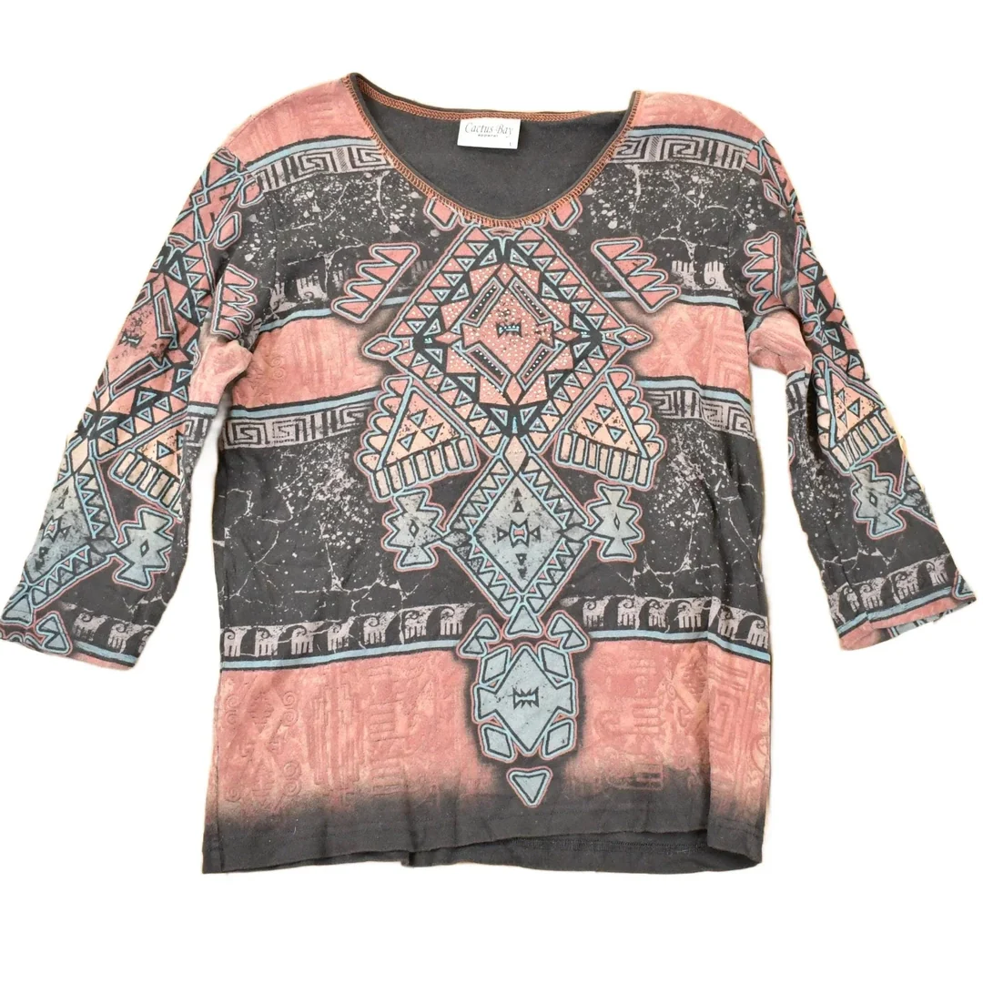 Vintage Y2K Cactus Bay Abstract Print AOP Crewneck Shirt Women's L