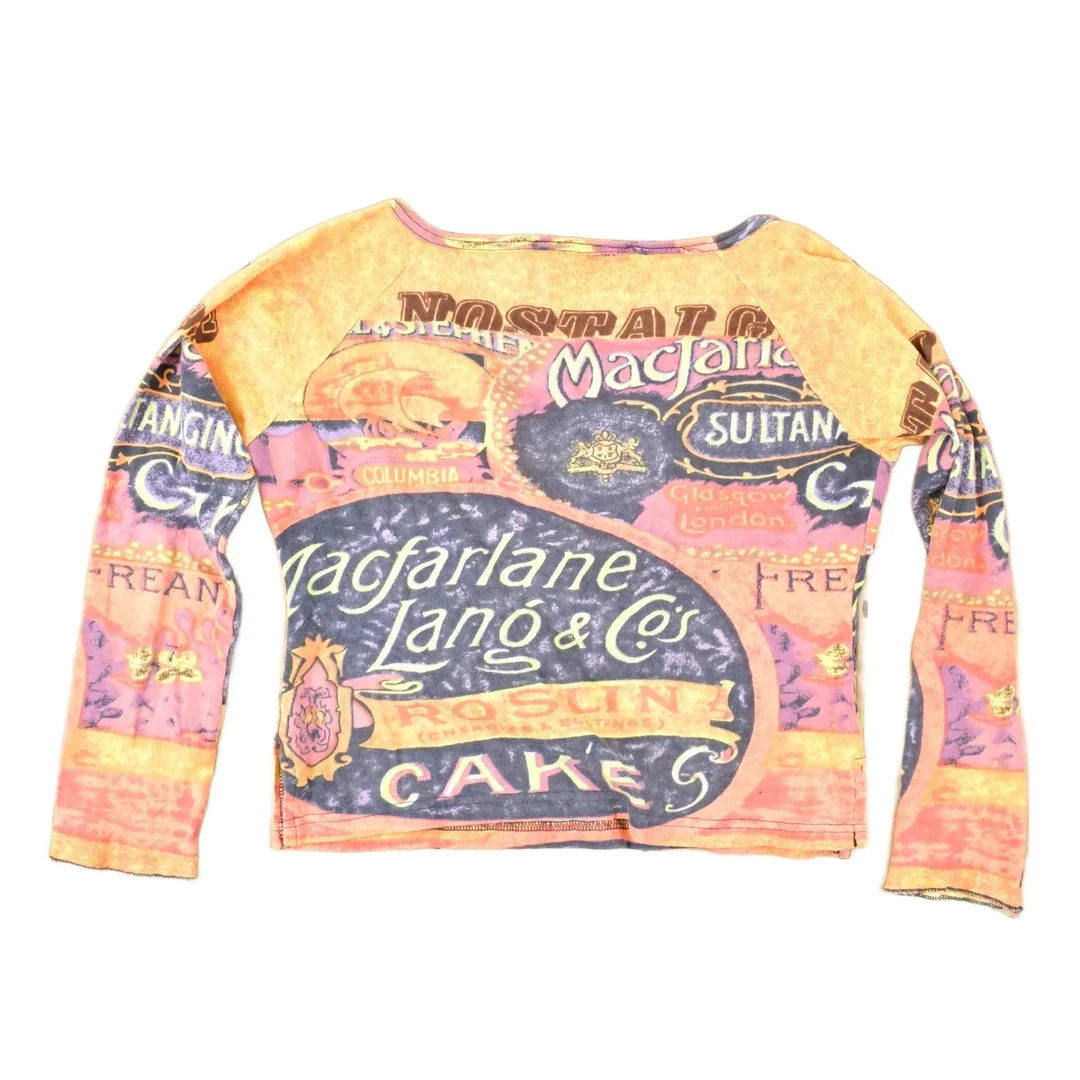 Vintage Y2K Cakes And Cafe Abstract Print AOP Crewneck Shirt Women's Cropped M - Image 2