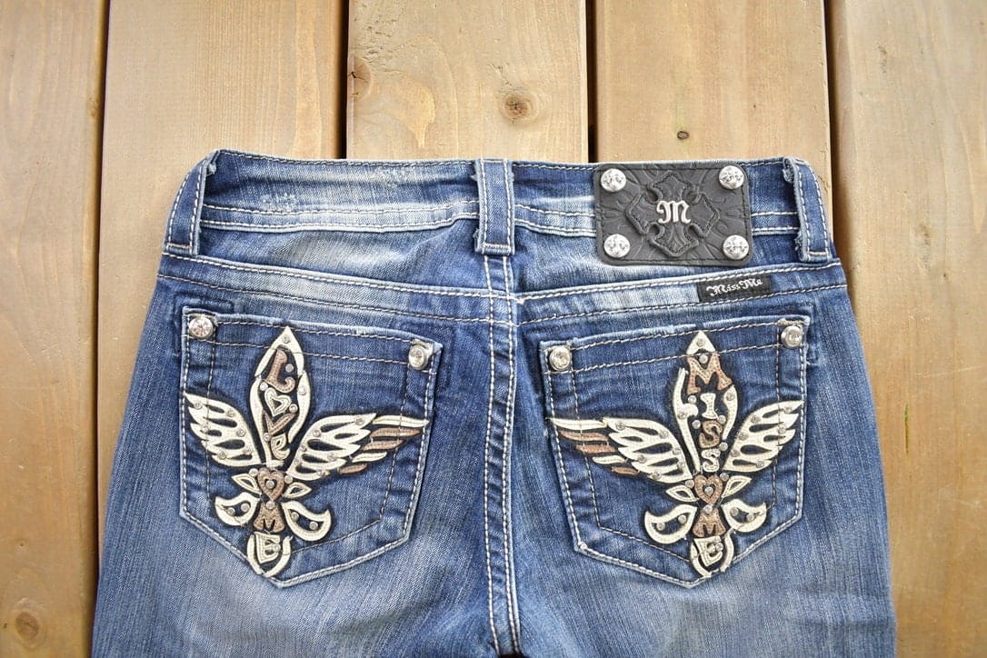 Vintage Y2K Miss Me Bedazzled Cowgirl Western Boot Cut Low Rise Jeans Women's 26 x 33 - Image 6