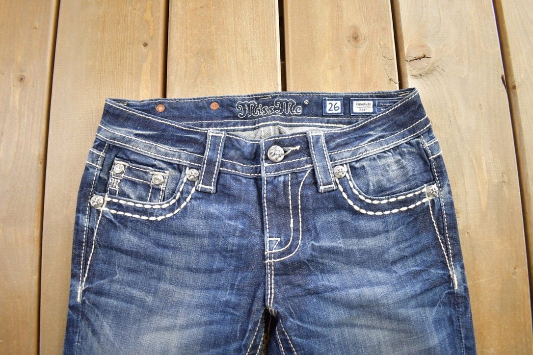 Vintage Y2K Miss Me Bedazzled Cowgirl Western Boot Cut Low Rise Jeans Women's 26 x 33 - Image 3