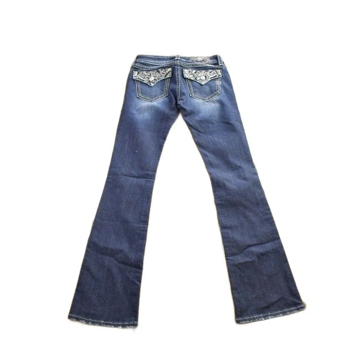 Vintage Y2K Miss Me Bedazzled Embroidered Dark Wash Boot Cut Low Rise Jeans Women's 26 x 33