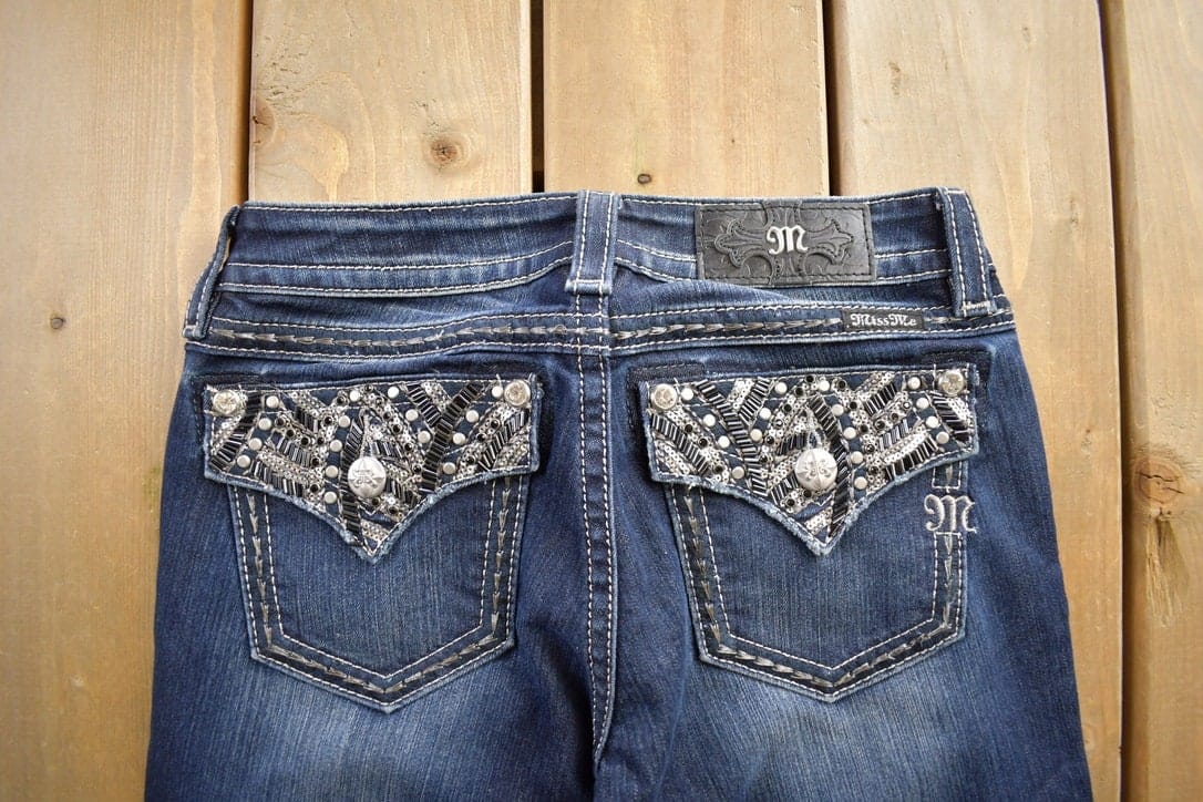 Vintage Y2K Miss Me Bedazzled Embroidered Dark Wash Boot Cut Low Rise Jeans Women's 26 x 33 - Image 4