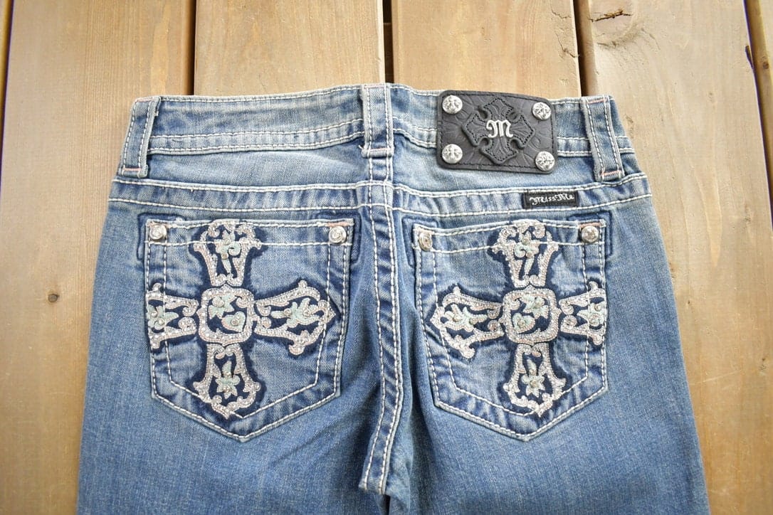 Vintage Y2K Miss Me Bedazzled Embroidered Faded Boot Cut Low Rise Jeans Women's 26 x 33 - Image 5