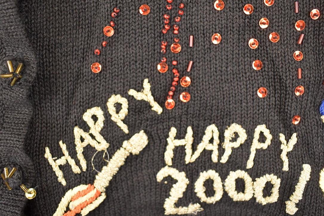 Vintage Y2K New Year Heavy Embroidered Abstract Knit Cardigan Sweater Women's L - Image 3