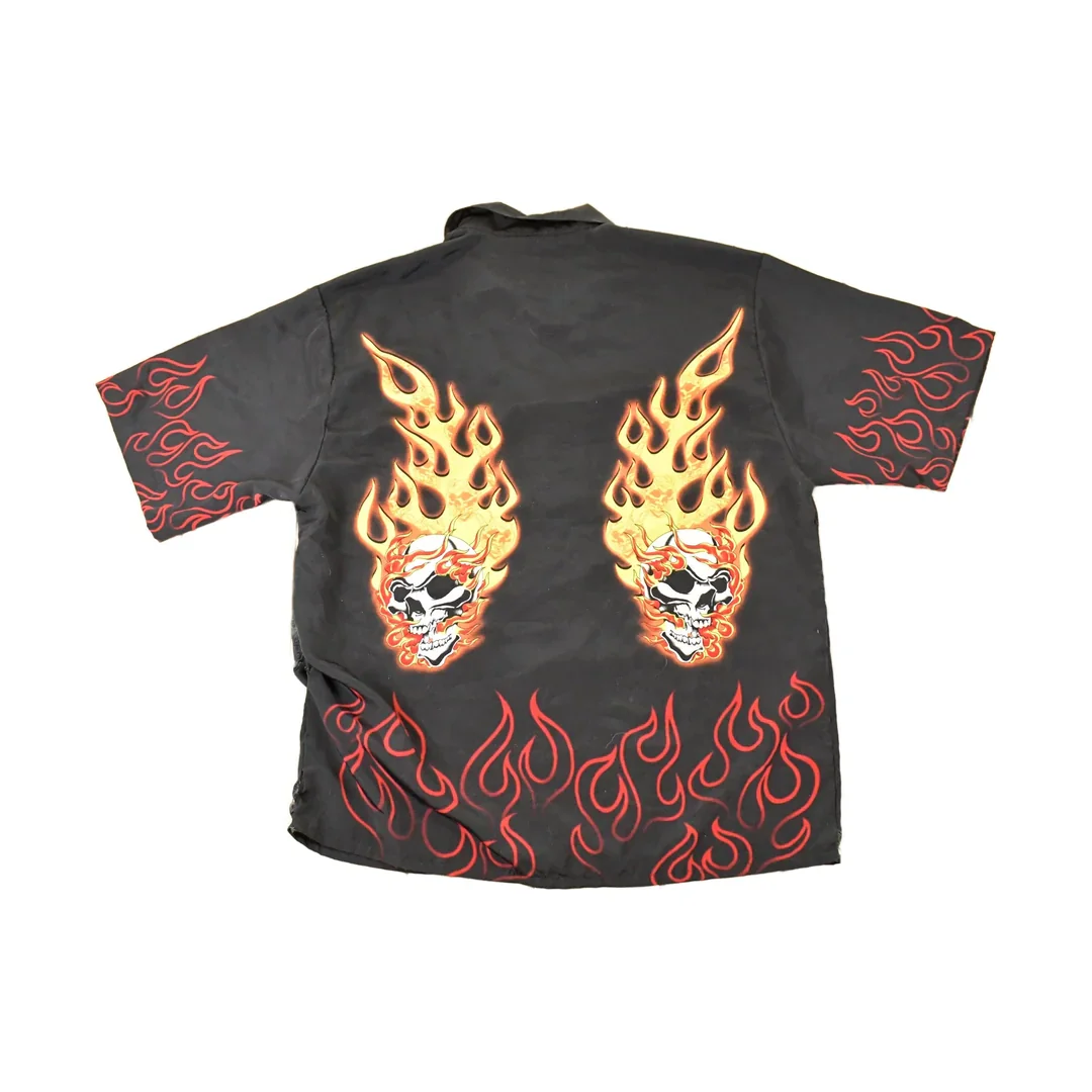 Vintage Y2K Rockhouse Roadhouse Flaming Skulls AOP Thrashed Button Up Shirt Men's XL - Image 2